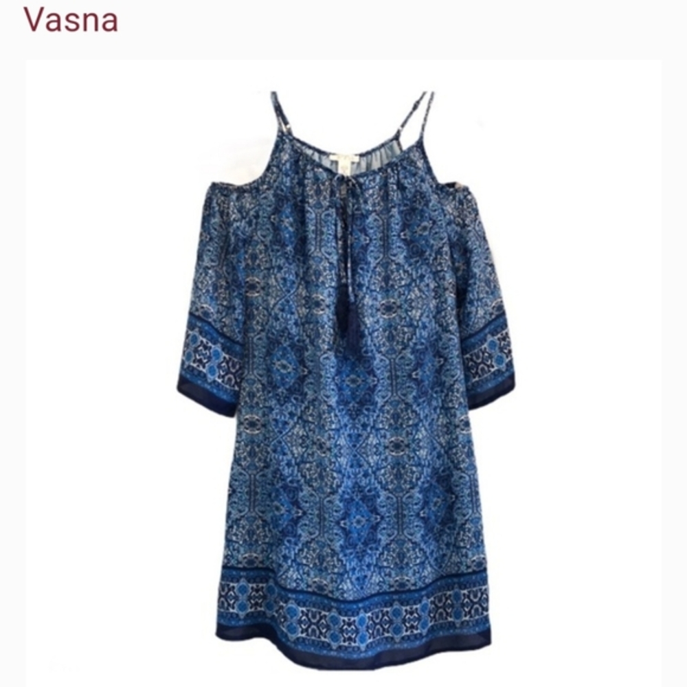 VASNA Size XL  BLUE COLD‎ SHOULDER PAISLEY PRINT DRESS W/BELL SLEEVES